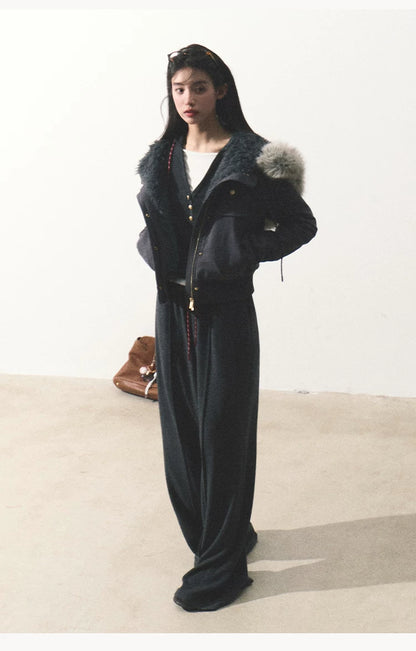 OAKMOO/ "Energy & Freedom" Mocha Gray Fur-Collar Cropped Hoodie Jacket