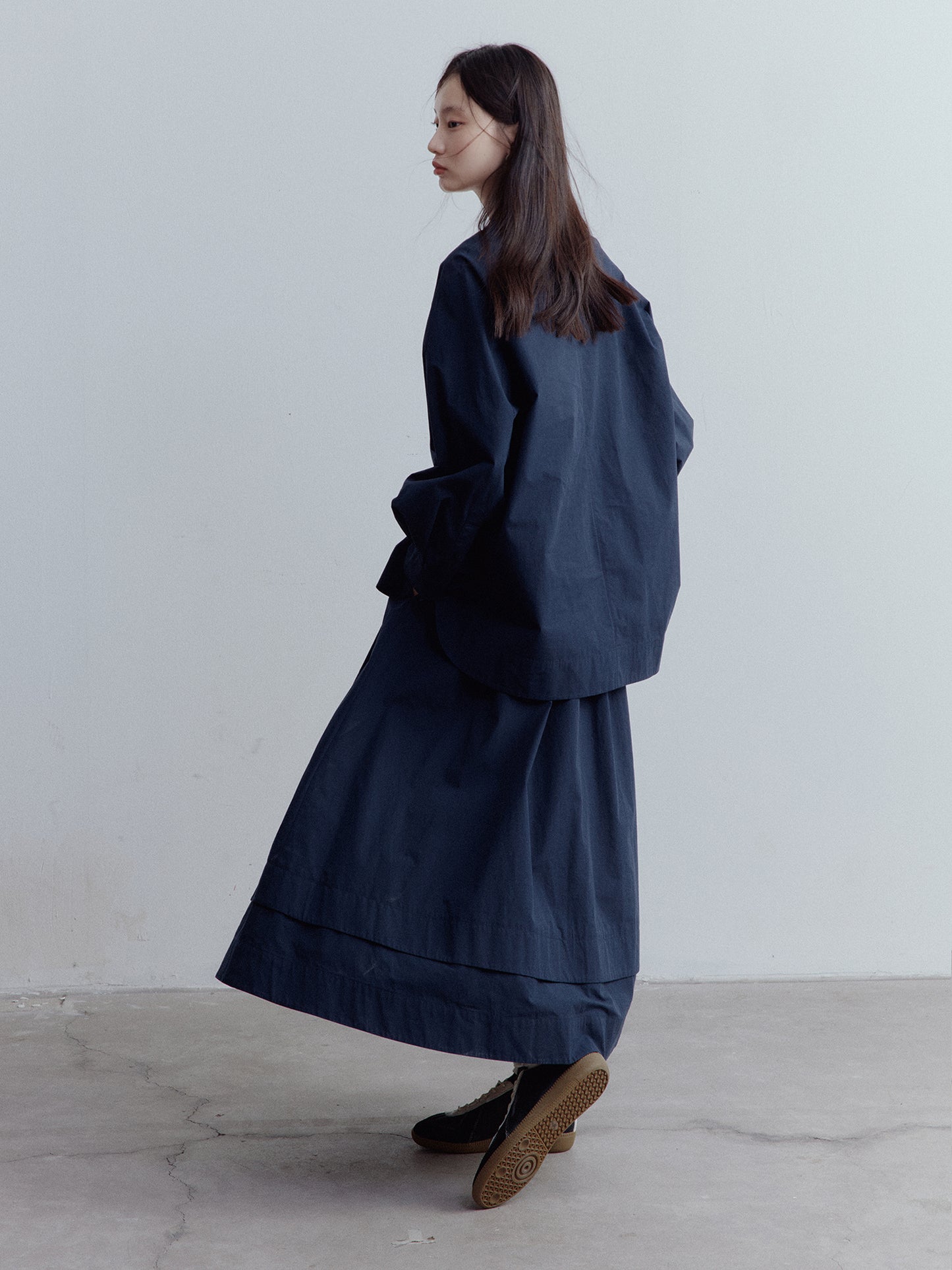 FUSSED Everyday Nerd A-Line Pleated Cotton Midi Skirt in Prussian Blue FOF-25SS172b