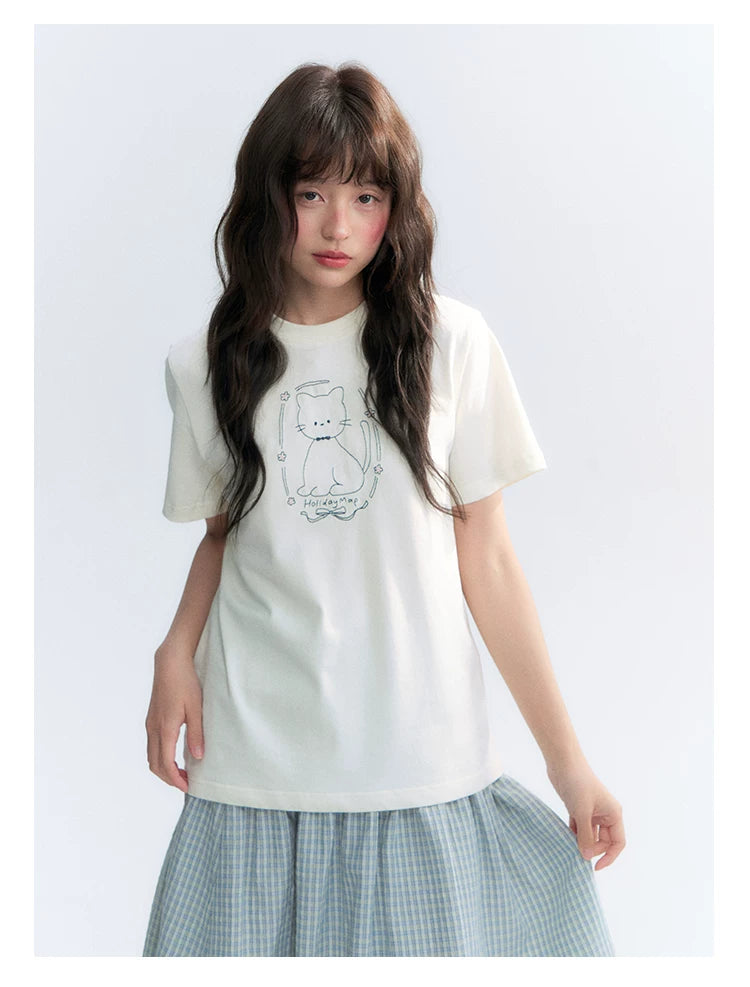"Garden Kitty" Ivory Embroidered Cat Cotton T-Shirt