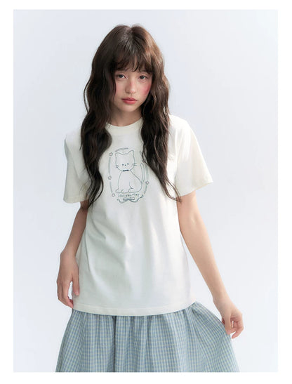 "Garden Kitty" Ivory Embroidered Cat Cotton T-Shirt