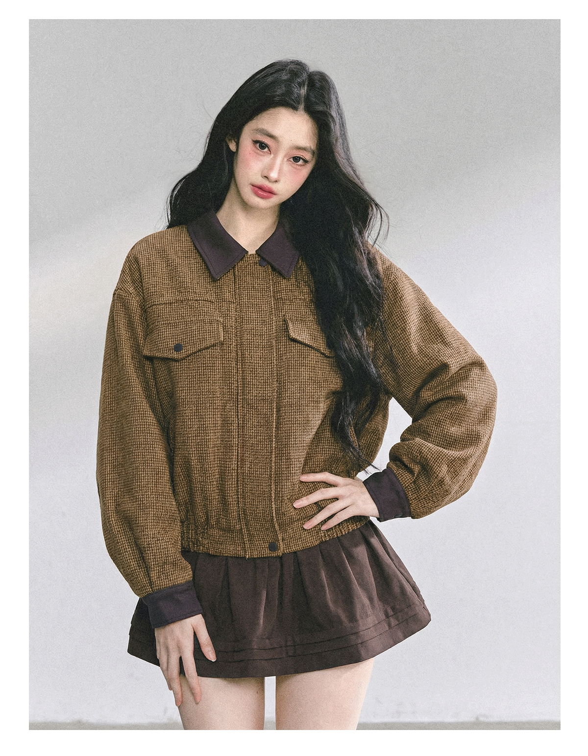 少也眼 "Falling Wutong Leaves" Hepburn Wool Tweed Two-Piece Set - Coffee Brown