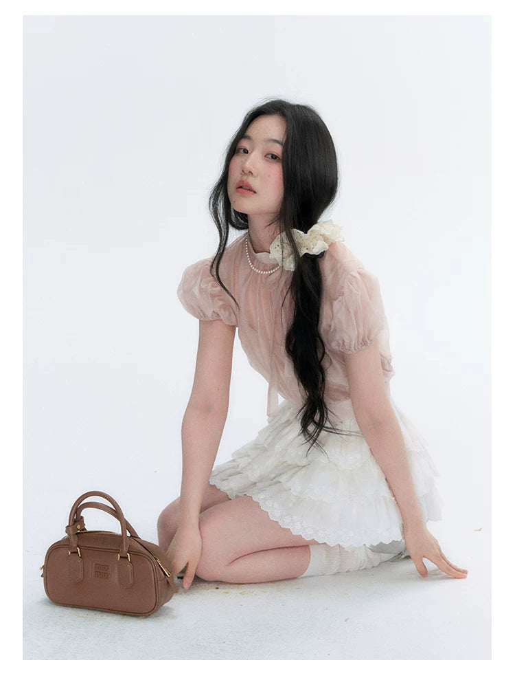 Vintage Stand Collar Bow Puff Sleeve Waist-Cinching Blouse with Knit Cami Set