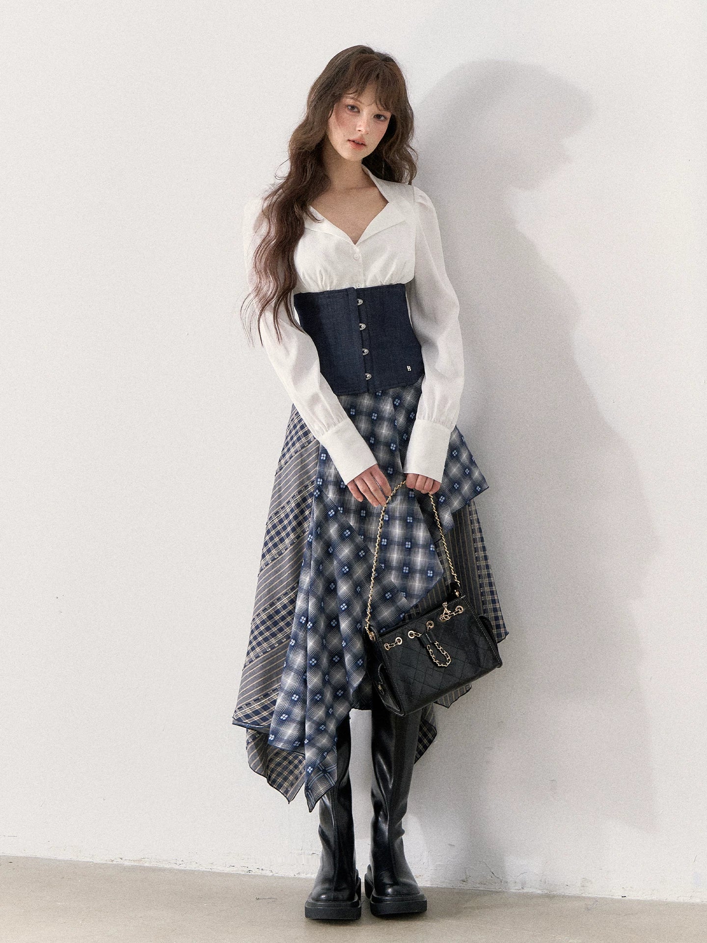 [TMMG] Retro Sweetheart Collar Shirt & Denim Corset Waist Belt Asymmetric Plaid Skirt Set