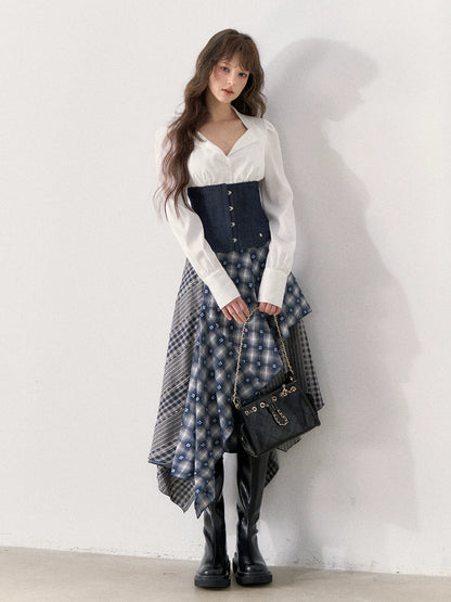 [TMMG] Retro Sweetheart Collar Shirt & Denim Corset Waist Belt Asymmetric Plaid Skirt Set