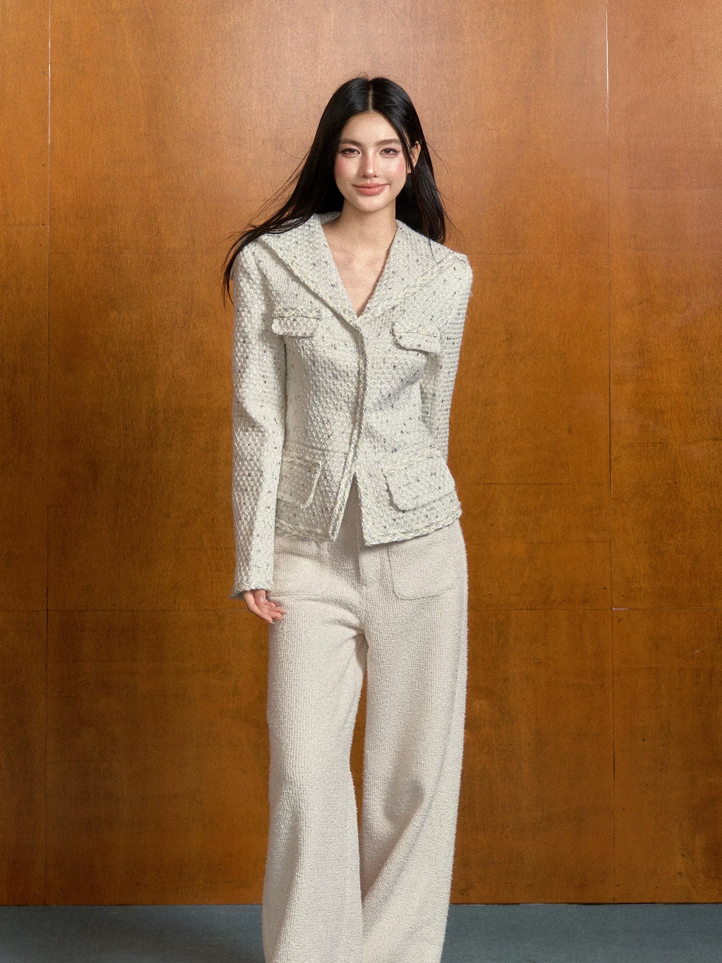 "Winter Heiress" White Tweed Sailor Collar Jacket
