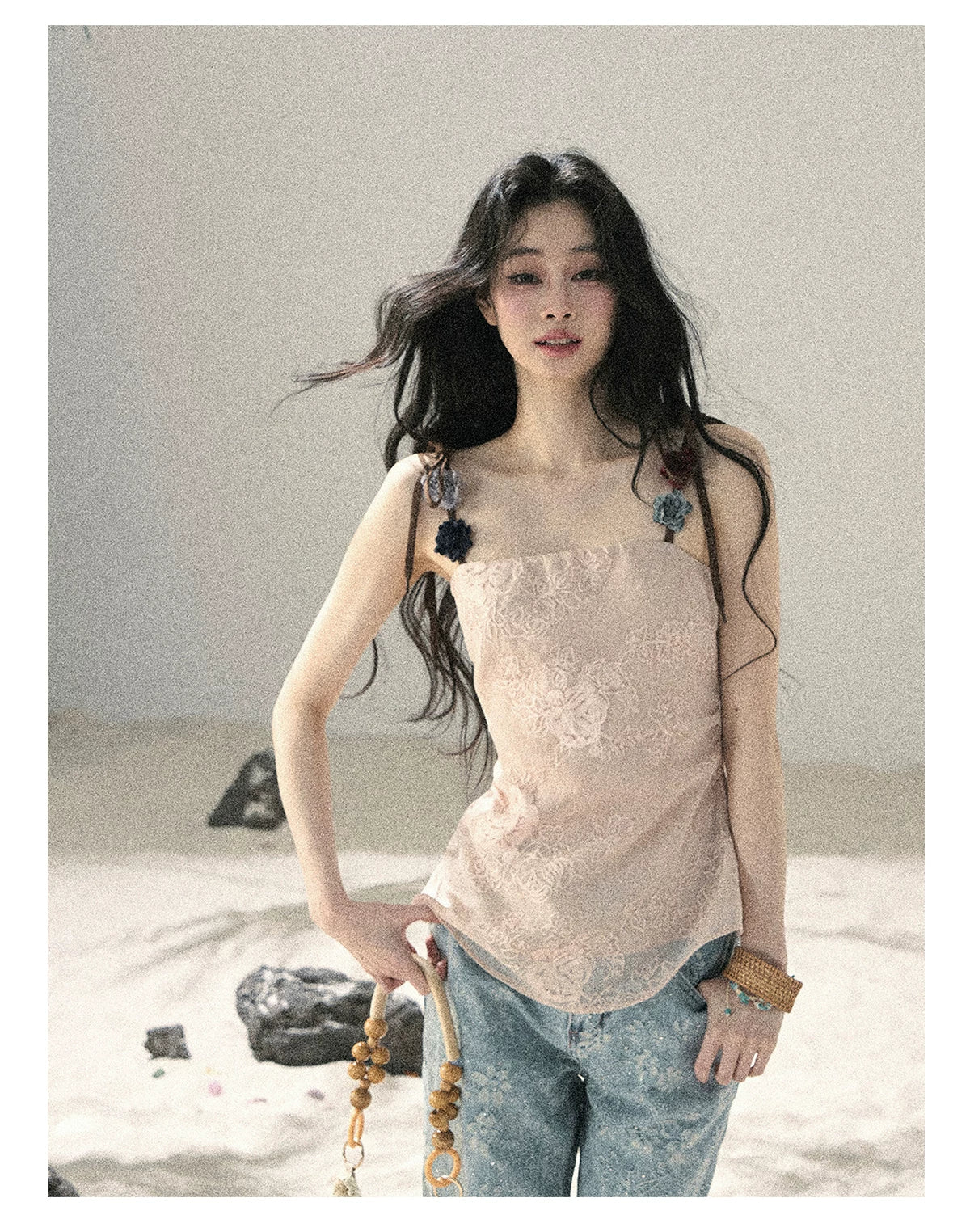 "Begonia in the Evening Breeze" Lotus Pink Embroidered Floral Cami Top