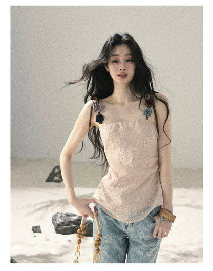 "Begonia in the Evening Breeze" Lotus Pink Embroidered Floral Cami Top