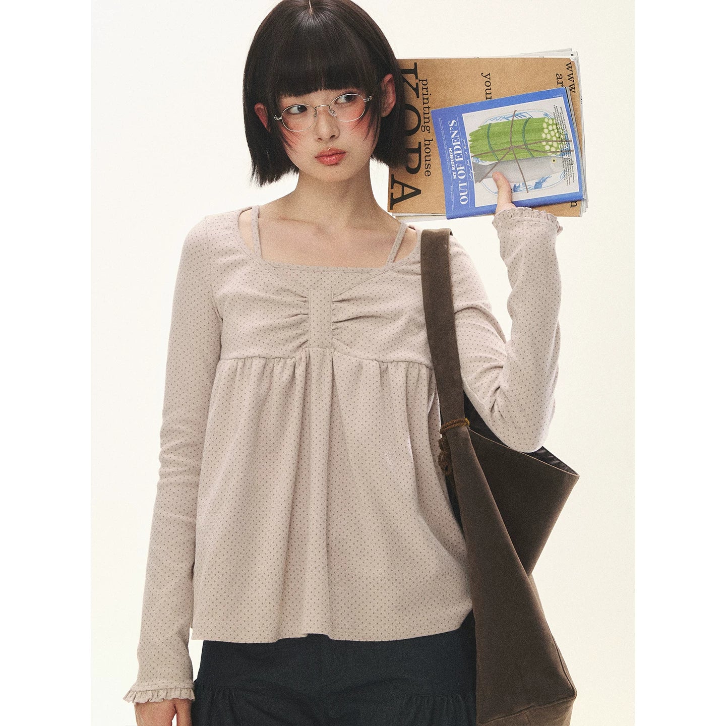 "Sweet Favorite" Polka Dot Faux-Layer Bow Knit Top (Gray Brown/ Blush Pink)