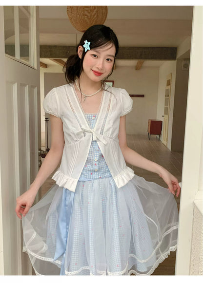 [RF] “Sweet Bluebell” Light Blue Plaid Lace-Trim Three-Piece Set