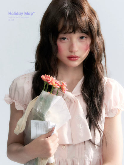 "Rosy Whisper" Dusty Pink Bow Embroidered Puff Sleeve Blouse