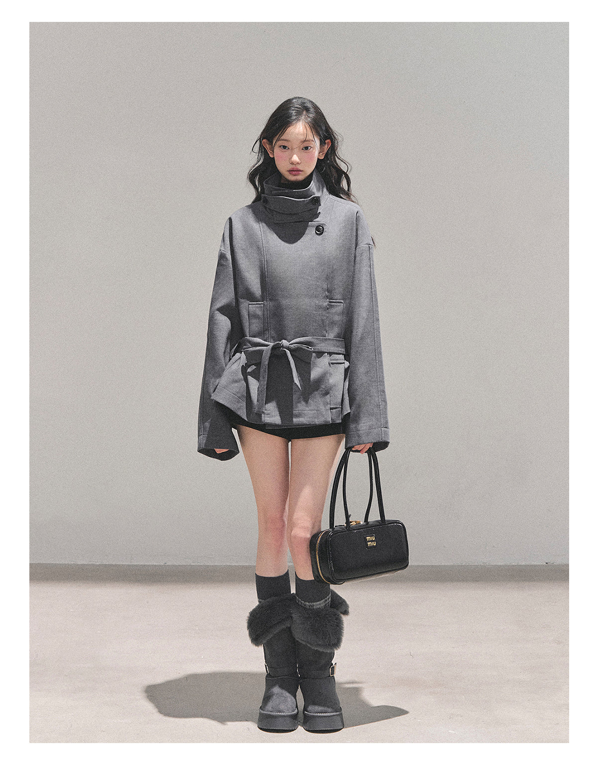 少也眼 “First Snow, Softened” Hepburn-Style Winter Trench Coat - Gray 941615