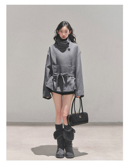 少也眼 “First Snow, Softened” Hepburn-Style Winter Trench Coat - Gray 941615