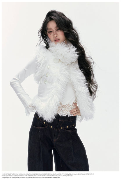 24olvides - Faux Suede Faux Shearling Vest with Pearl Buttons (White / Brown)