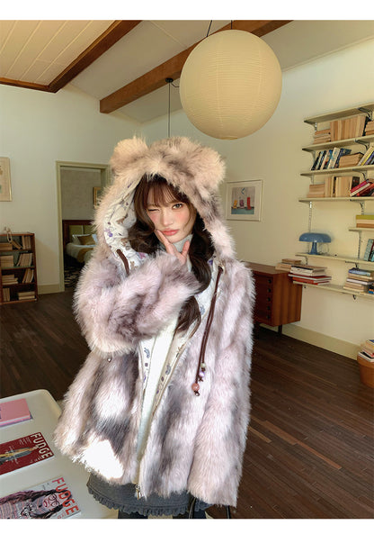 阮阮自制 - "Sweet Beauty Mark" Ombre Faux Fur Hooded Puffer Jacket