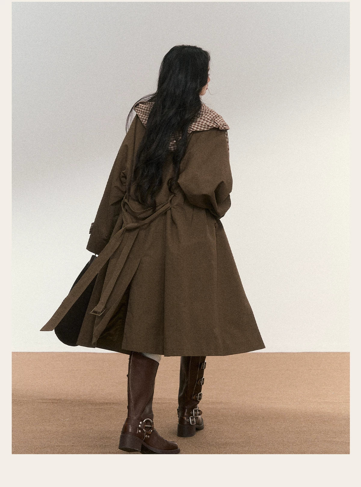 JN's DESIGN - Vintage Plaid Panel Hooded Trench Coat