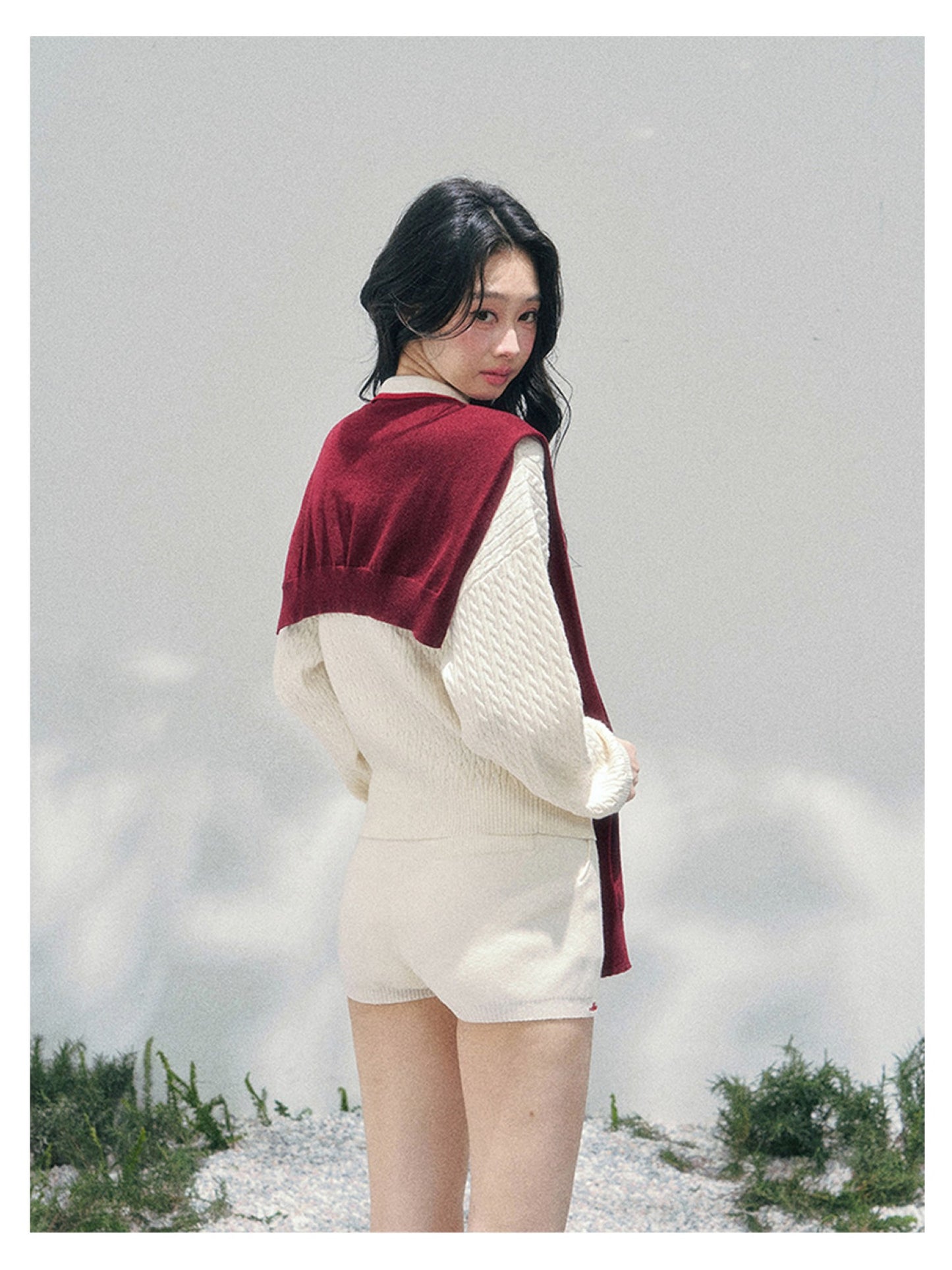少也眼 “Campus Muse” Apricot Preppy Three-Piece Knit Set 6785654