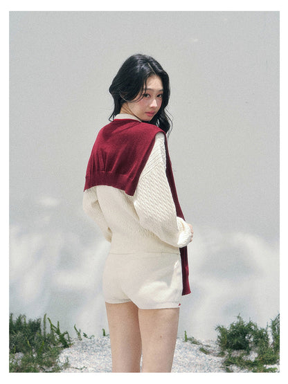 少也眼 “Campus Muse” Apricot Preppy Three-Piece Knit Set 6785654