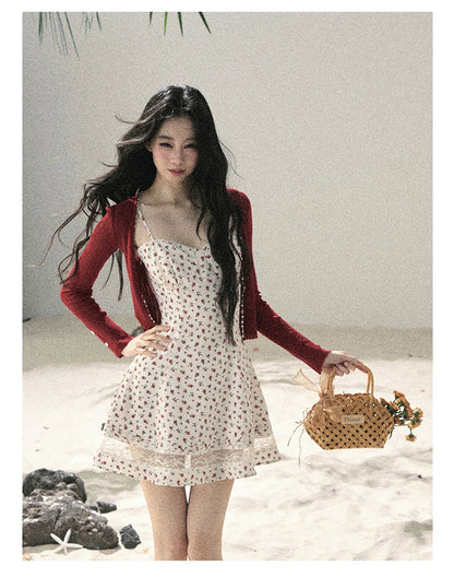 "Blooming Rose Reverie" Cloud White Floral Lace Mini Dress & Burgundy Wine Cardigan 56483