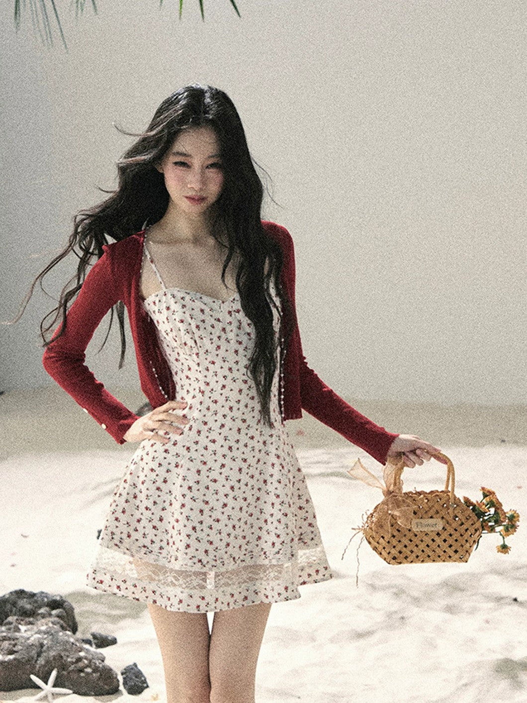"Blooming Rose Reverie" Cloud White Floral Lace Mini Dress & Burgundy Wine Cardigan 56483