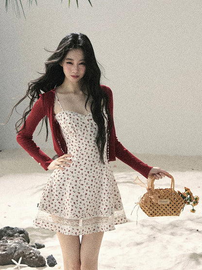 "Blooming Rose Reverie" Cloud White Floral Lace Mini Dress & Burgundy Wine Cardigan 56483