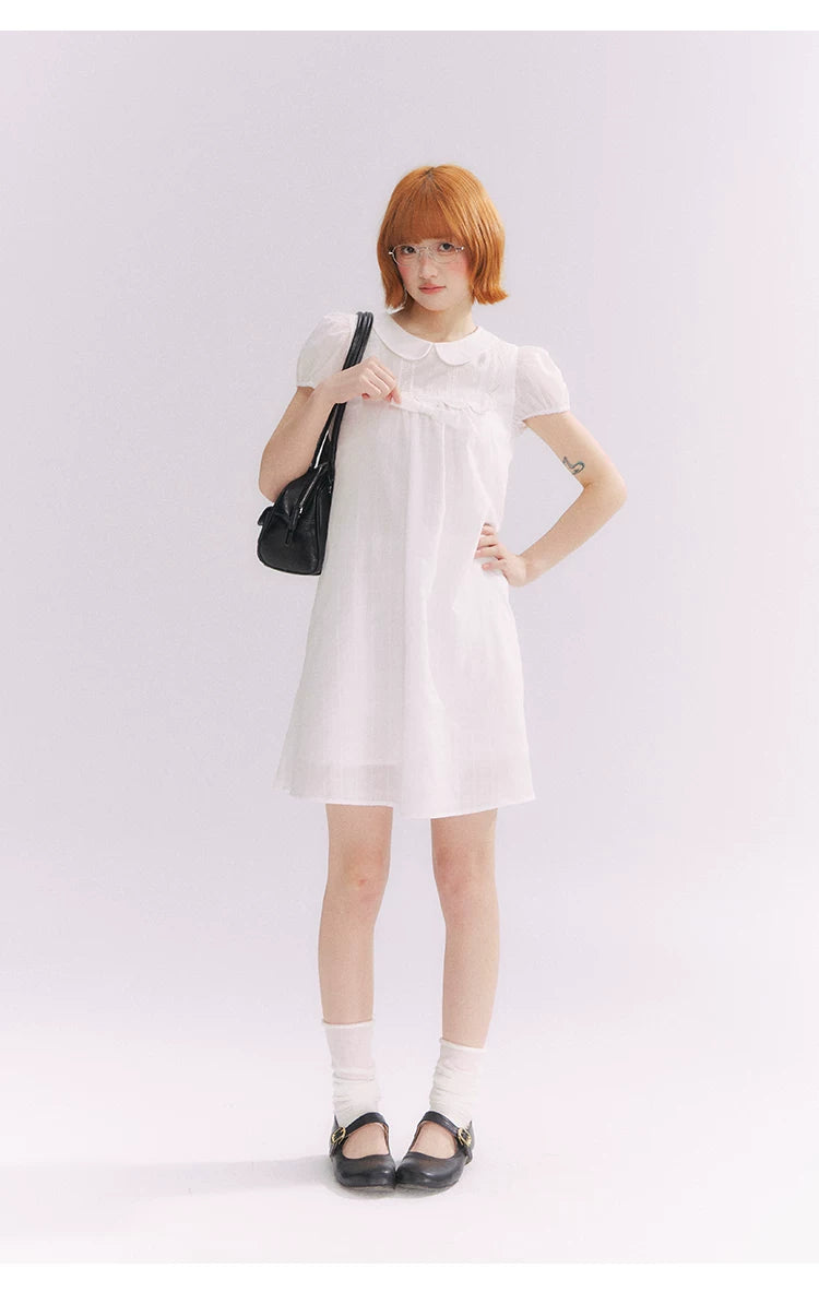 “Lace Sleep Song” White Embroidered Puff Sleeve Babydoll Dress