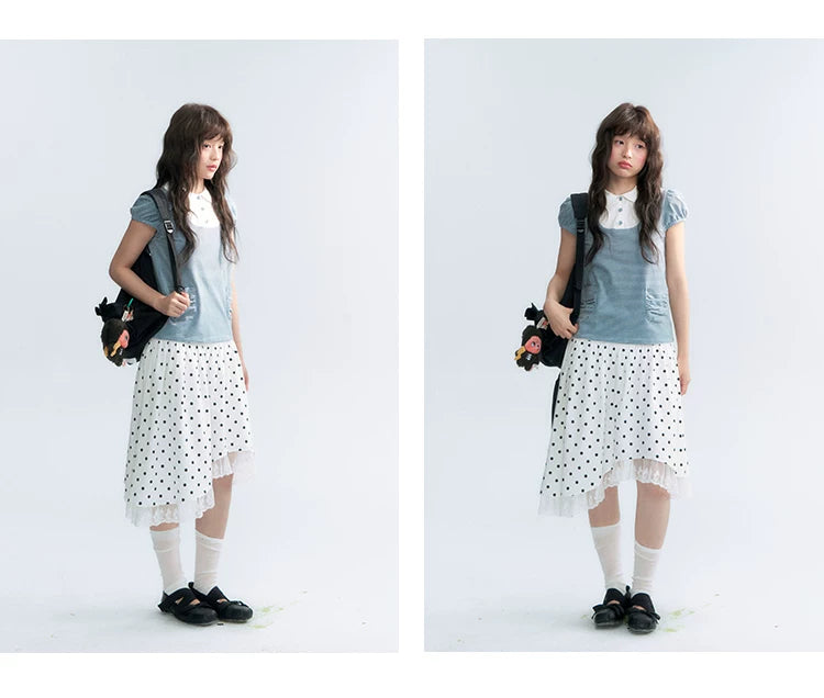 "Polka Poetry" Black & White Polka Dot Asymmetrical Cotton Skirt