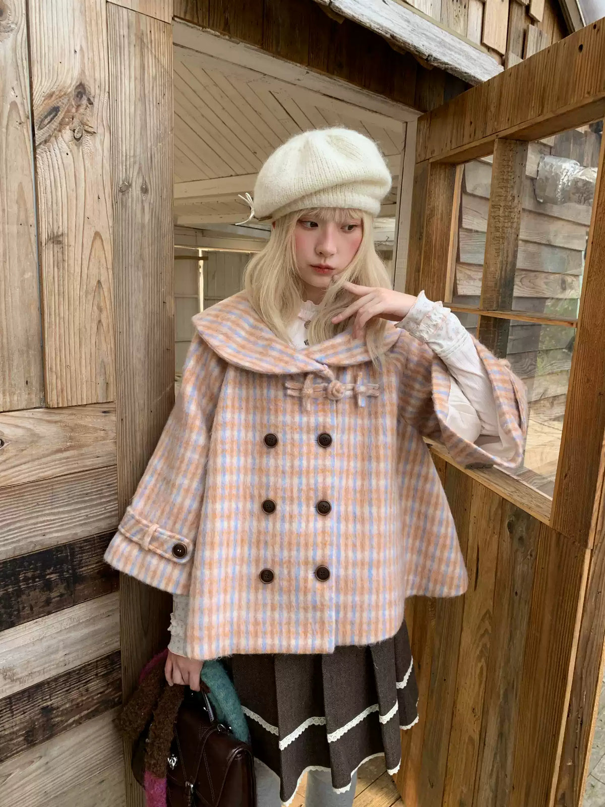 RF - Orange Plaid Cropped Cape Coat with Apricot Faux Fur Collar