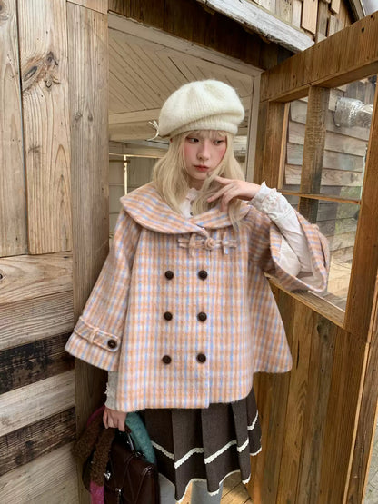 RF - Orange Plaid Cropped Cape Coat with Apricot Faux Fur Collar