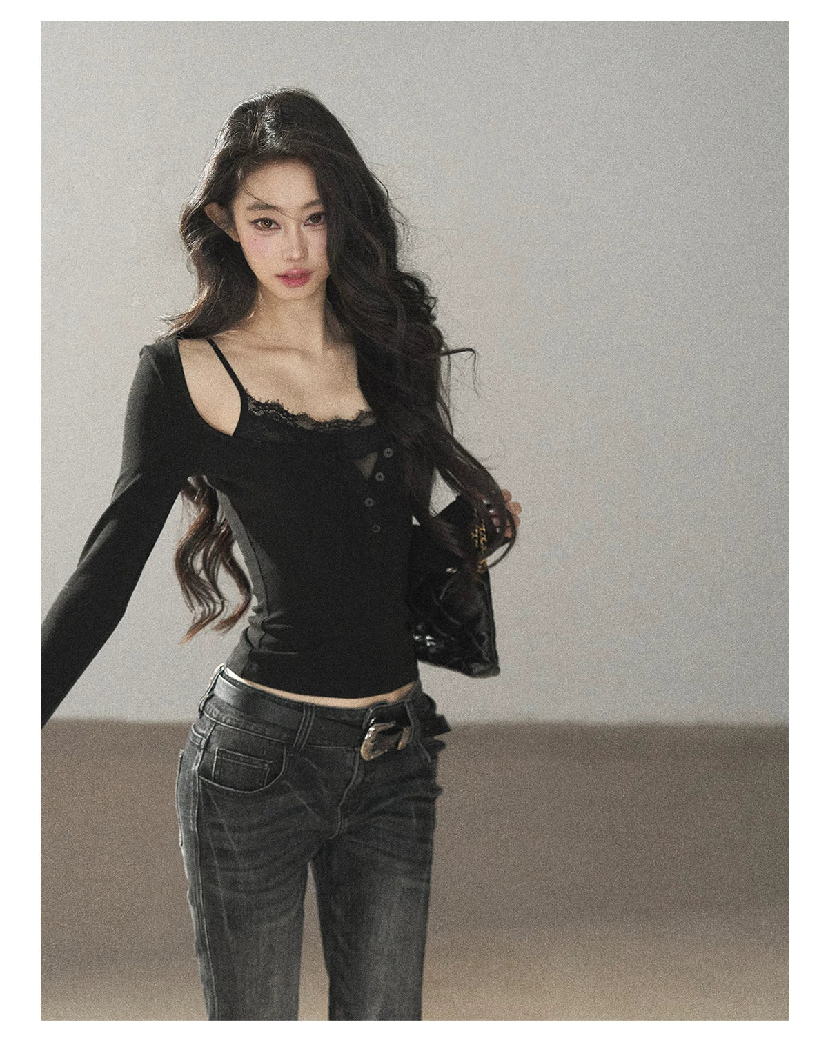 AOMALM - "Dappled Tree Shadows" Serene Black Korean Lace Camisole Long-Sleeve Top Set