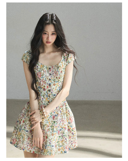 "Bloom in Full Glory" Dutch Cream Floral Puff Mini Dress
