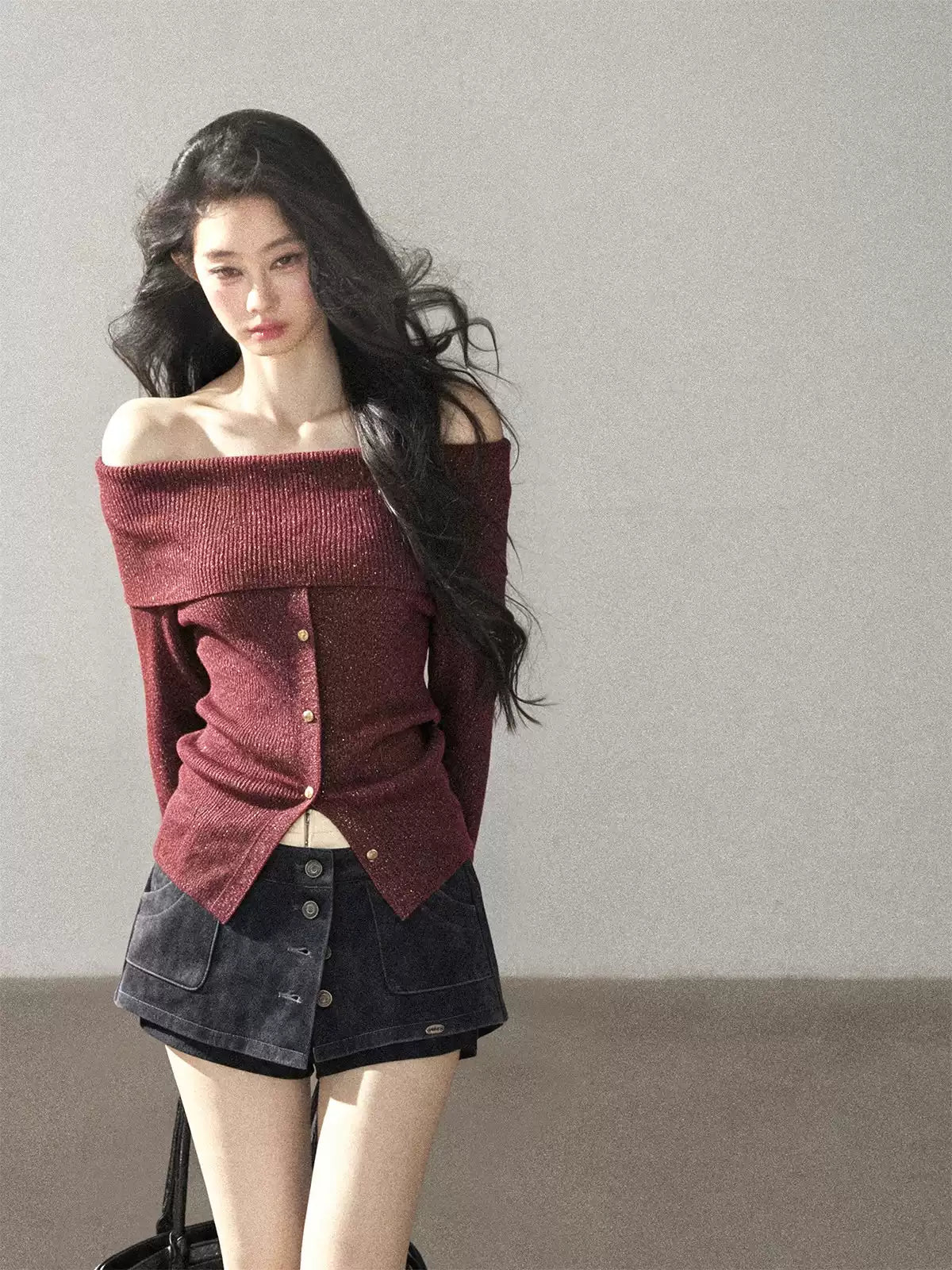 AOMALM - Vermilion Red Off-Shoulder Ribbed Knit Top with Flared Sleeves