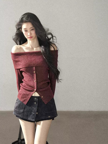 AOMALM - Vermilion Red Off-Shoulder Ribbed Knit Top with Flared Sleeves
