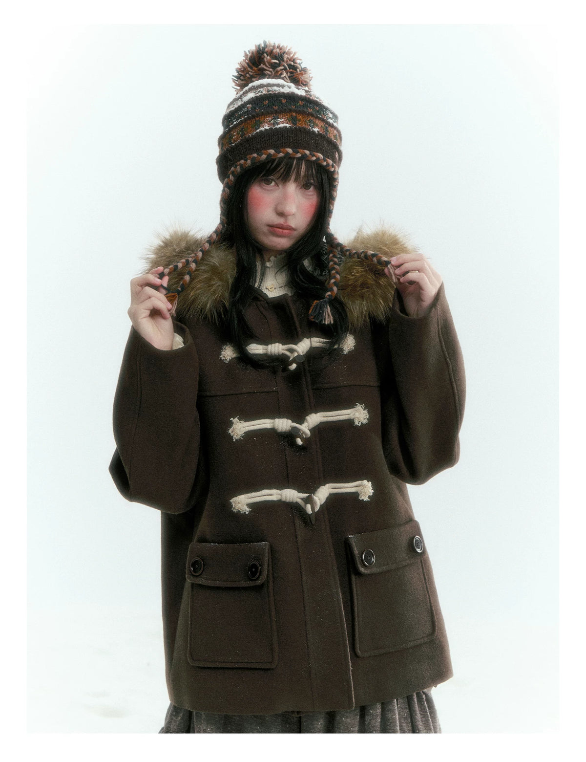 Horridale - Dark Coffee Brown Cropped Hooded Toggle Coat with Detachable Faux Fur Collar