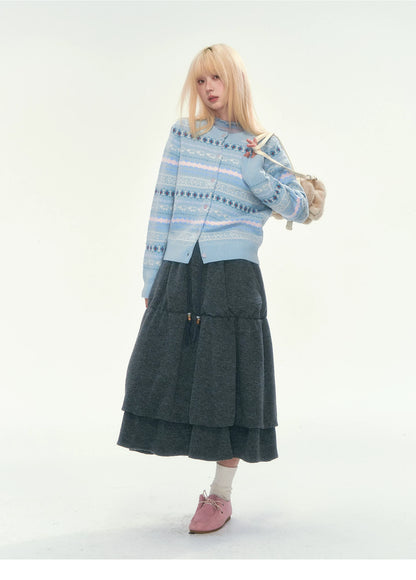 [CAN] Blue Fair Isle Cropped Wool Cardigan (100% Sheep Wool)