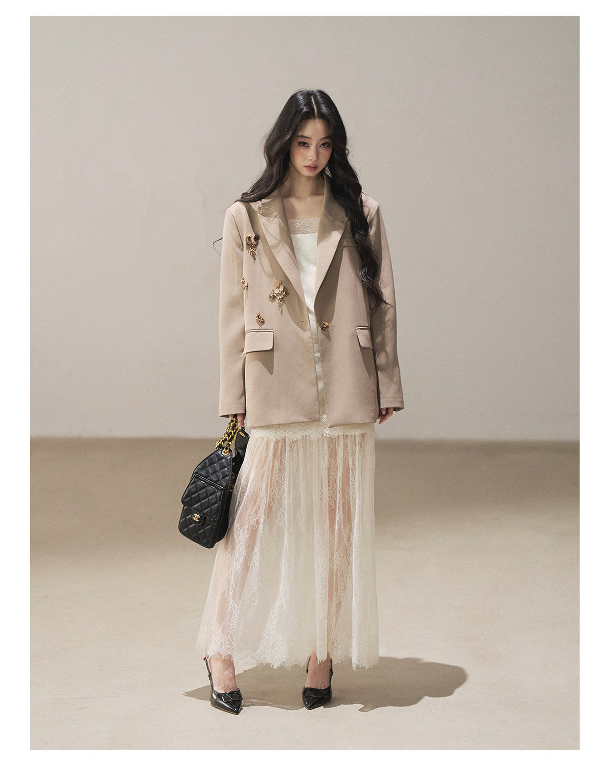 170726 "Your Open Meadow" Cream Apricot White Lace Slip Dress + Gray Taupe Tailored Blazer