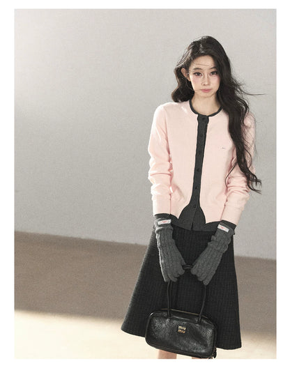 AOMALM - Cinnamon Pink Faux Layered Cropped Cardigan Sweater