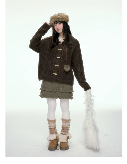 BIBIBENCY - Brown Cable-Knit Cardigan with Toggle Closures