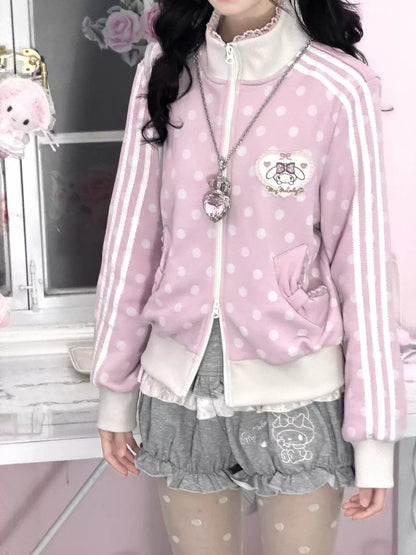 KYOUKO - My Melody Misty Pink Polka Dot Jacket, Gray Bloomers and Pink Lace Skirt Set