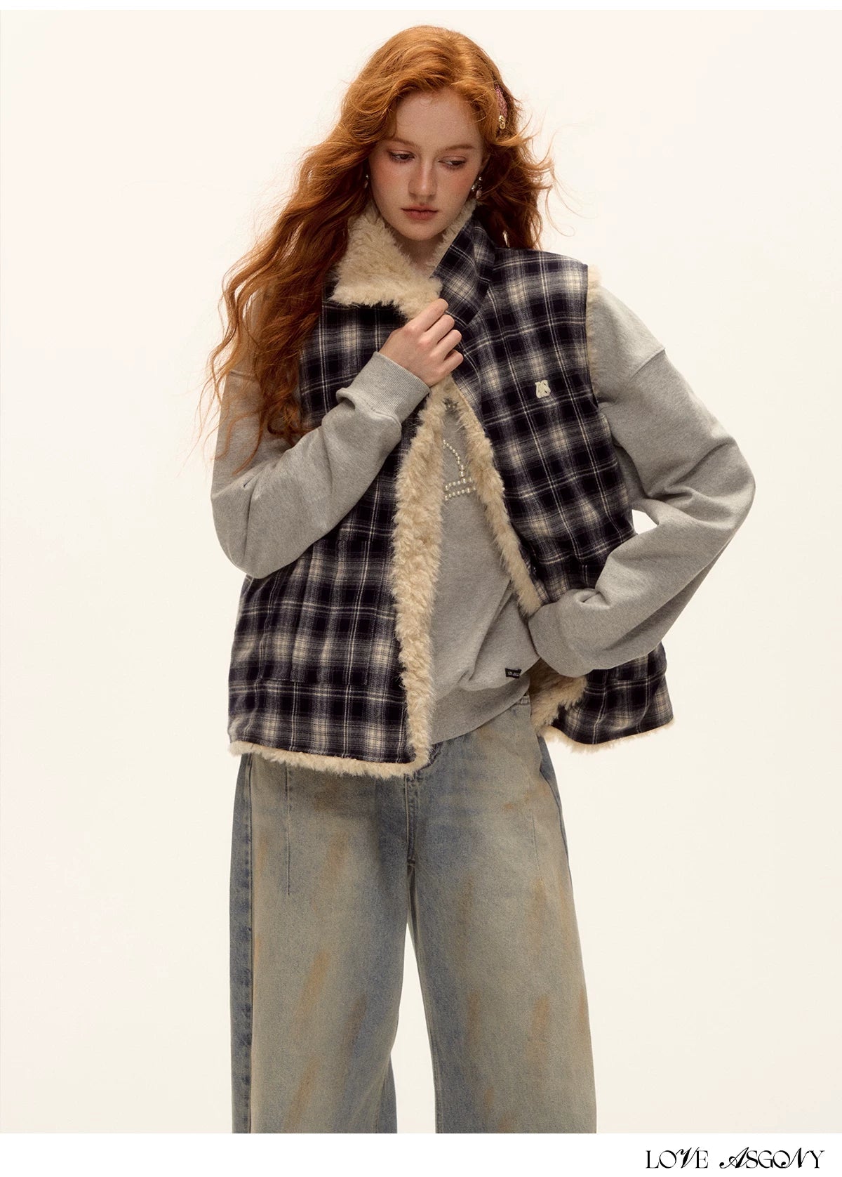 ASGONY - Reversible Plaid & Faux Fur Stand-Collar Vest