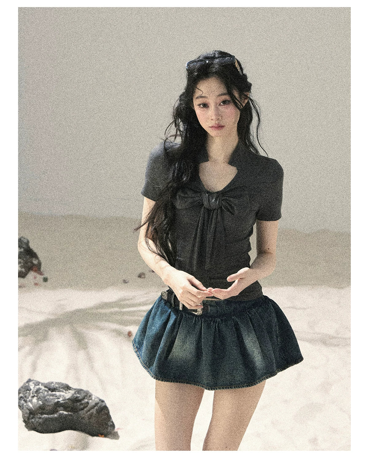 "Breeze Through the Bow" Slate Gray V-Neck Crop Top