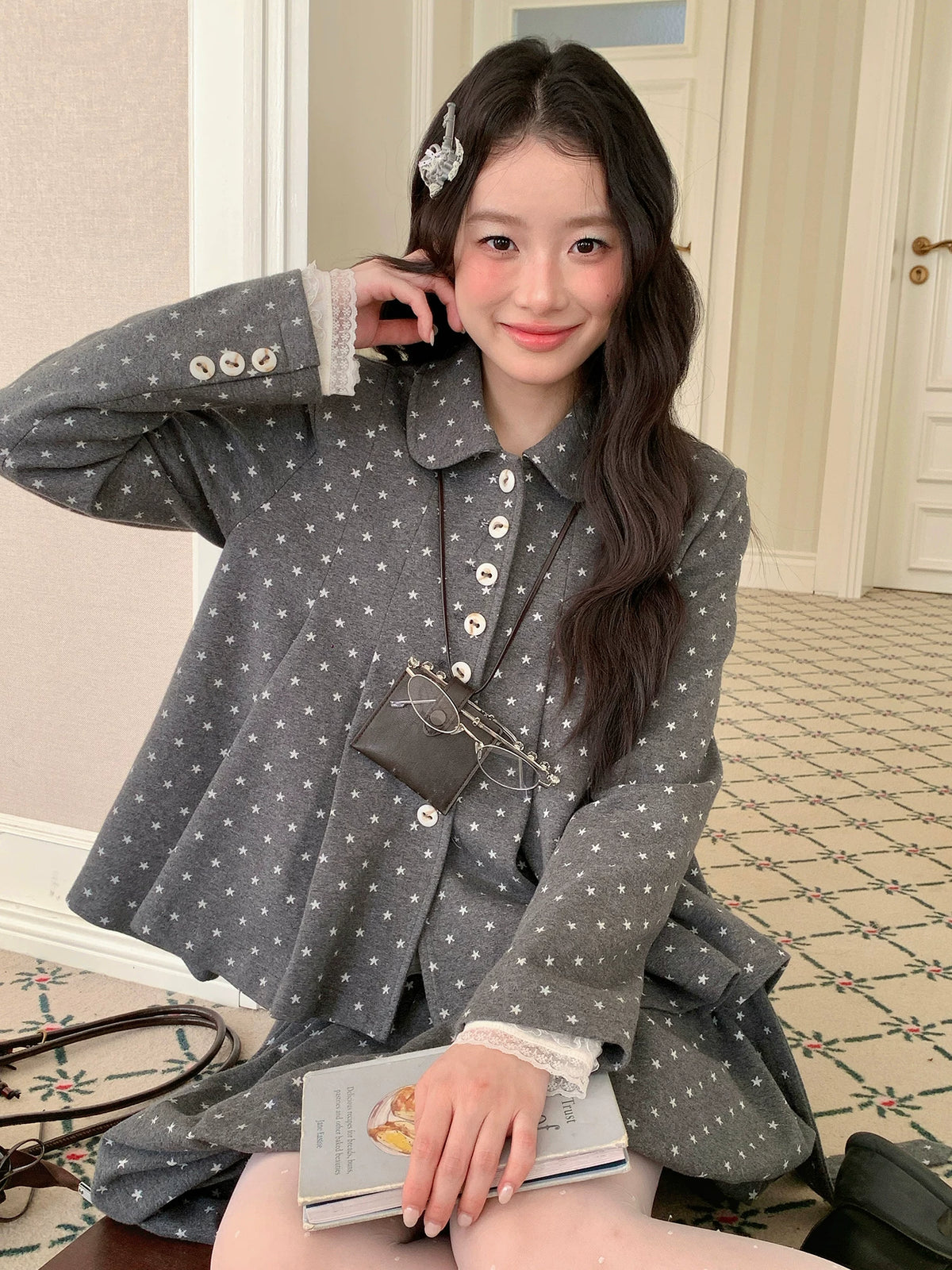 [RF] “Starlit Gray Tones” Gray Vintage Polka Dot Pleated Skirt Two-Piece Set