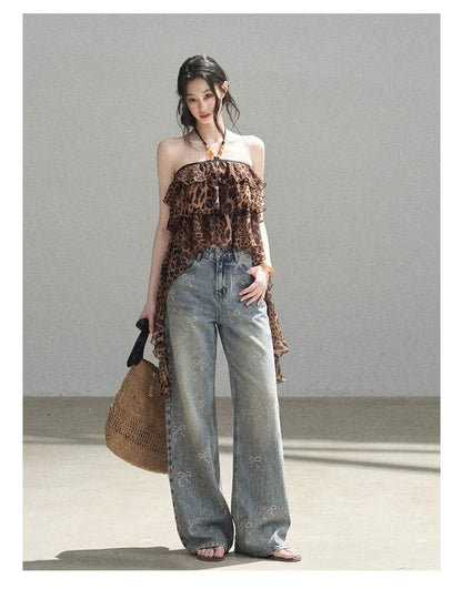 "Chasing the Sunset" Chestnut Brown Leopard Halter Ruffle Crop Top