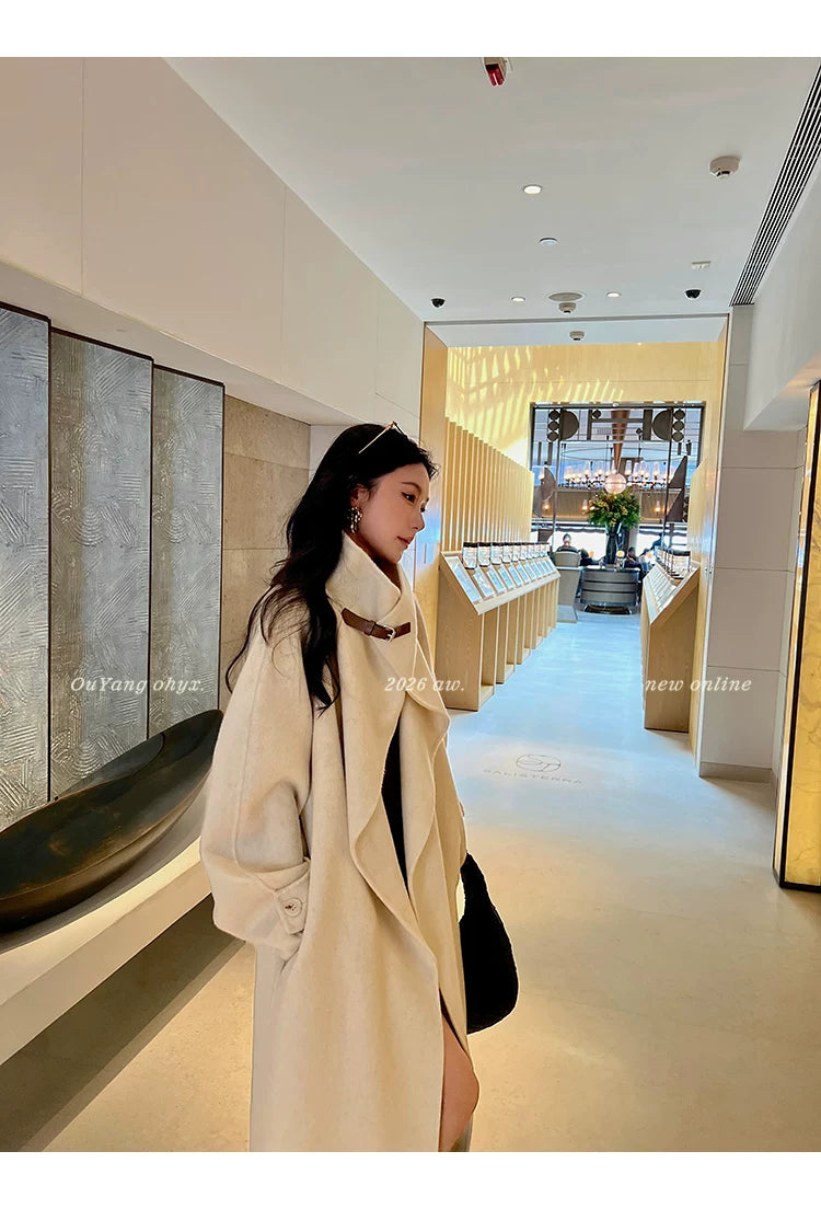 QuQuOuYang - 100% Wool Double-Face Belted Coat with Convertible Collar