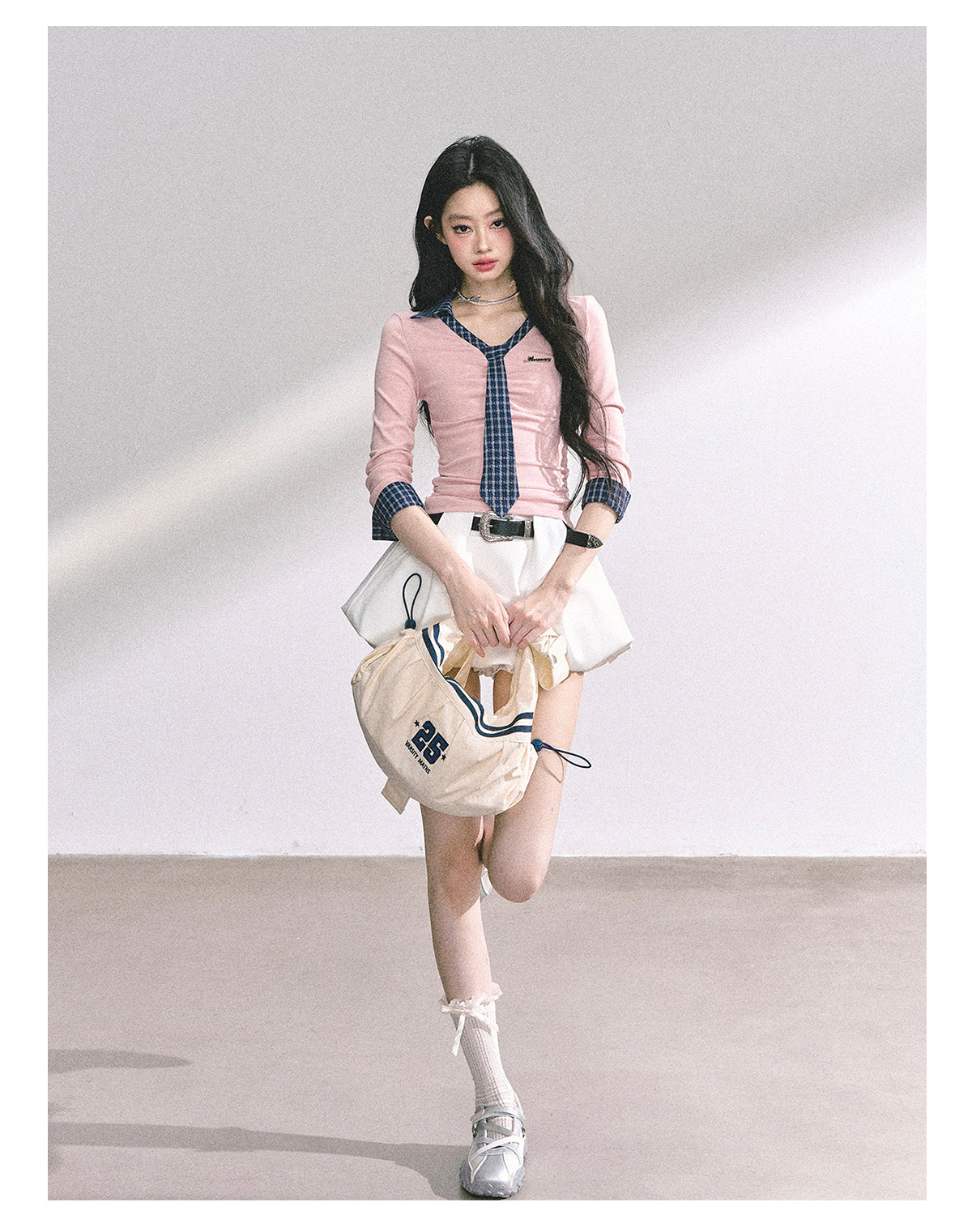 少也眼 "Han Gao Rolecard" Dual-Layer Illusion V-Neck Plaid Waist-Slimming Tee - Pink