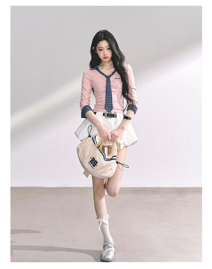 少也眼 "Han Gao Rolecard" Dual-Layer Illusion V-Neck Plaid Waist-Slimming Tee - Pink