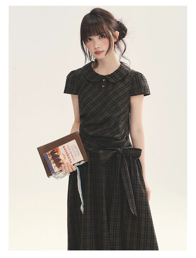 "Vintage Scholar" Black Brown Plaid Bow Tie Peter Pan Collar Maxi Dress