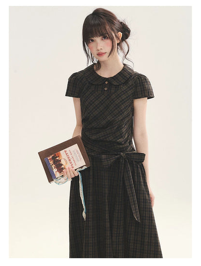 "Vintage Scholar" Black Brown Plaid Bow Tie Peter Pan Collar Maxi Dress