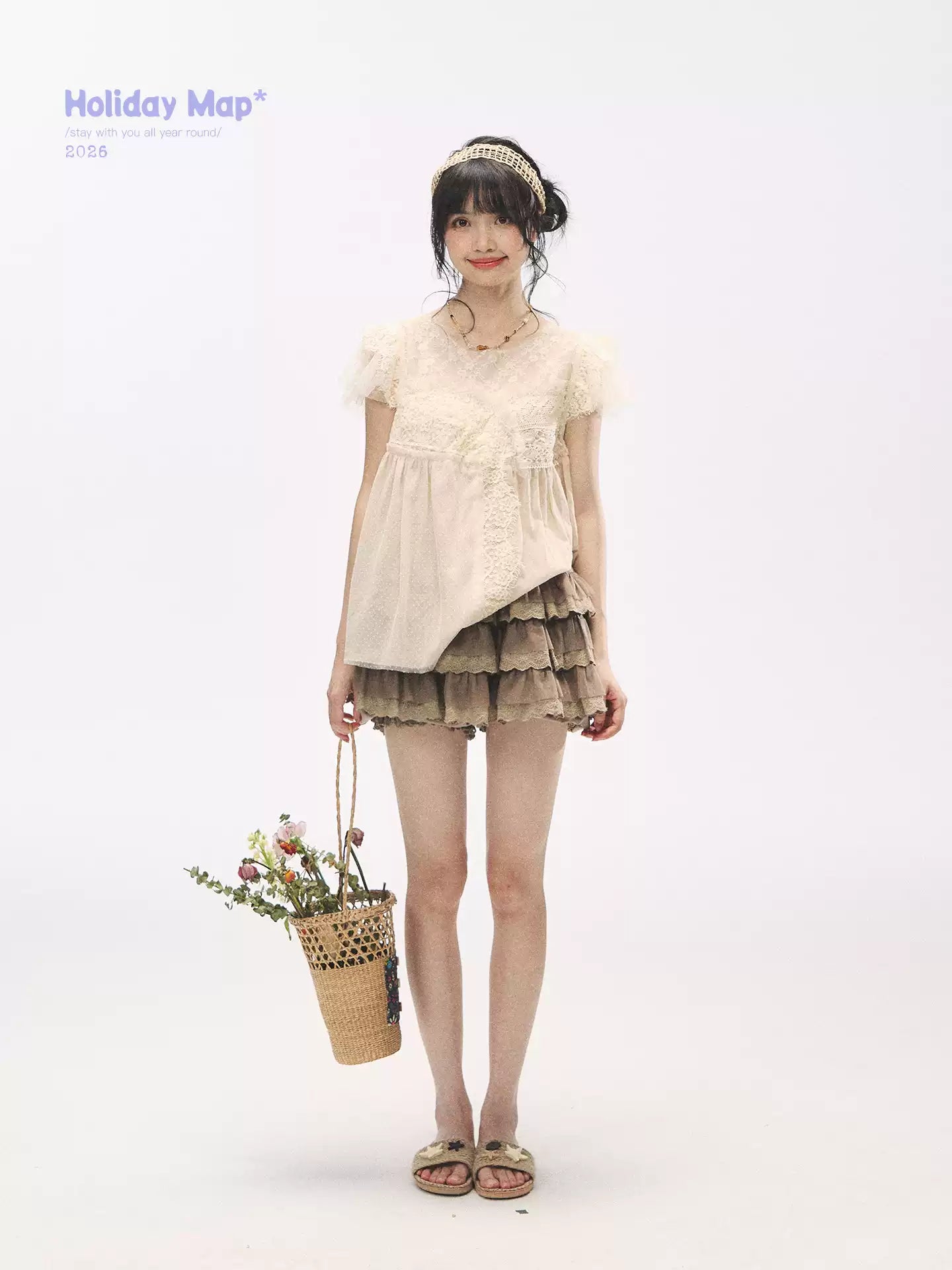 "Apricot Blossom Letter" Oatmeal Lace Patchwork Short Sleeve Blouse