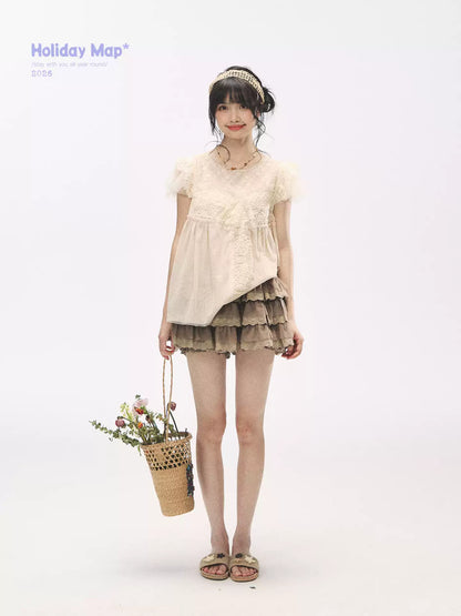 "Apricot Blossom Letter" Oatmeal Lace Patchwork Short Sleeve Blouse