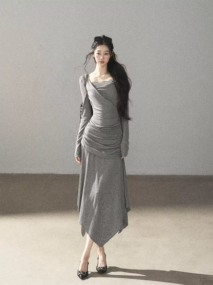 AOMALM - "Still River Cove" Cloud Mist Gray French-Inspired Lace Maxi Dress